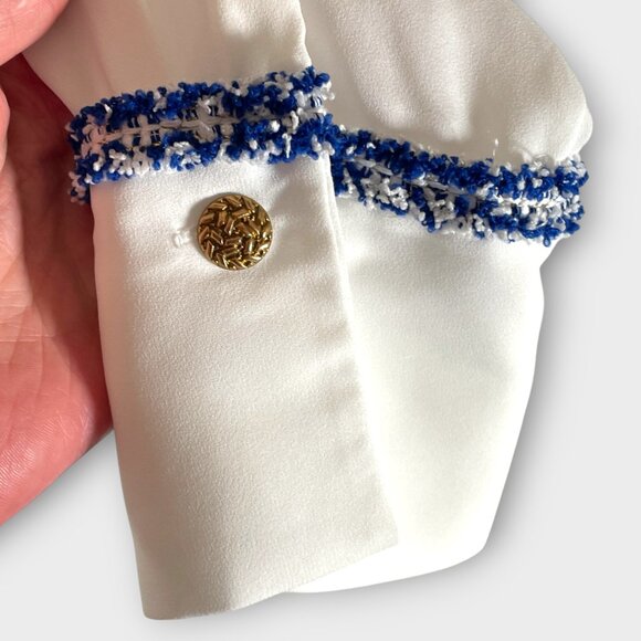 Zara White Button Up Shirt / Top Sz MEDIUM Blue Contrasting Trim Embellishment - Picture 5 of 6